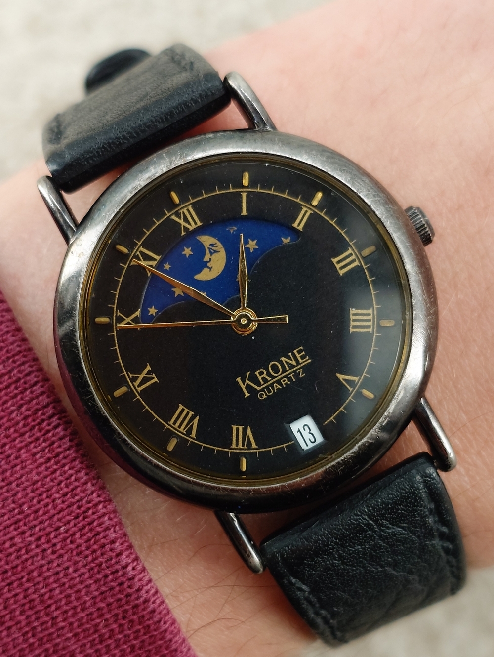 Krone Unisex Watch Day Night Indicator Sun Moon Dial Vintage 31mm Celestial